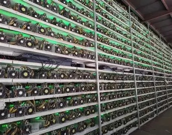A bustling mining farm hosting numerous ASIC miners, highlighting the scale and efficiency of professional crypto operations